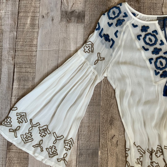 Anthropologie Diem Ivory Chiffon Embroidered Beaded Boho Flounce Peasant Top 6 - Picture 15 of 15